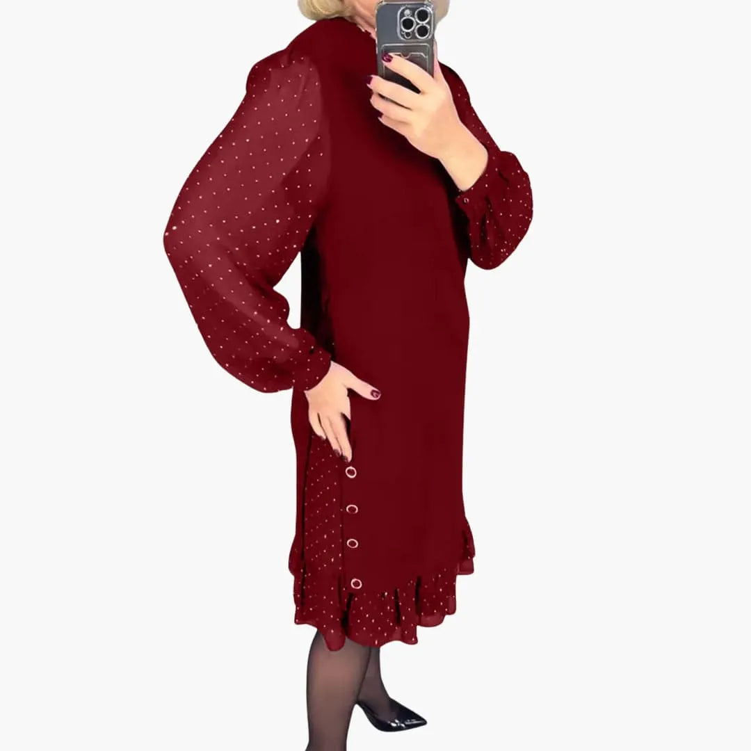 Women's Knee-Length Dress with Sheer Sleeves and Ruffle Hem