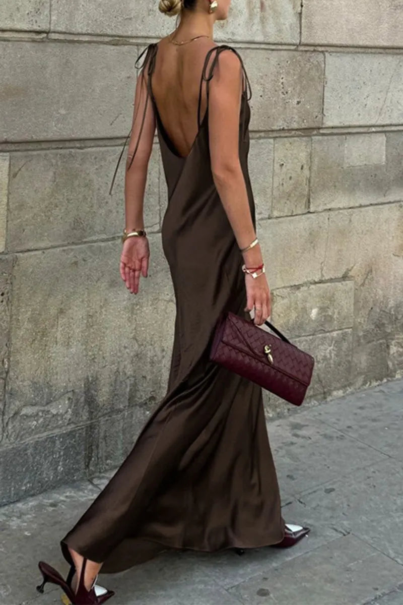 Sexy Solid Color Lace Up Backless U Neck Long Dresses