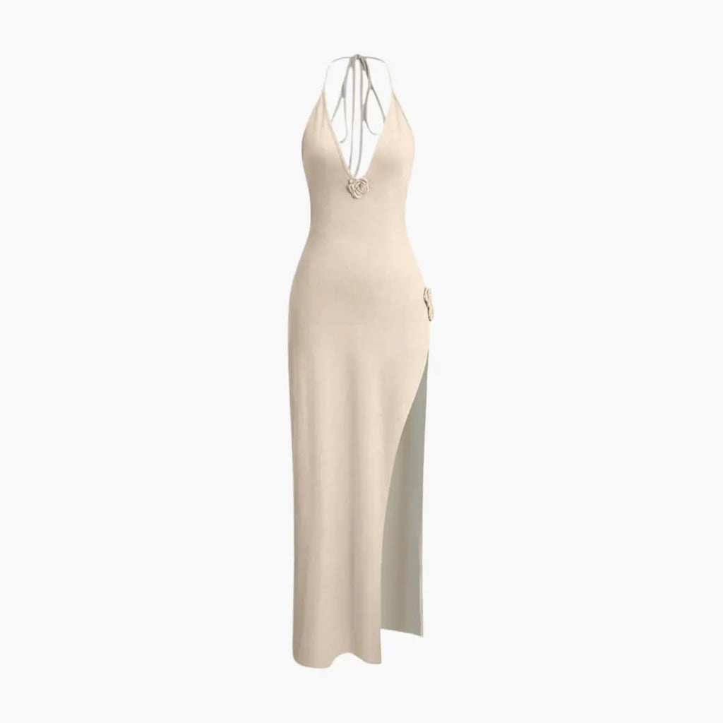 Womenâ€™s Halter Maxi Dress with Backless Design and Side Slit