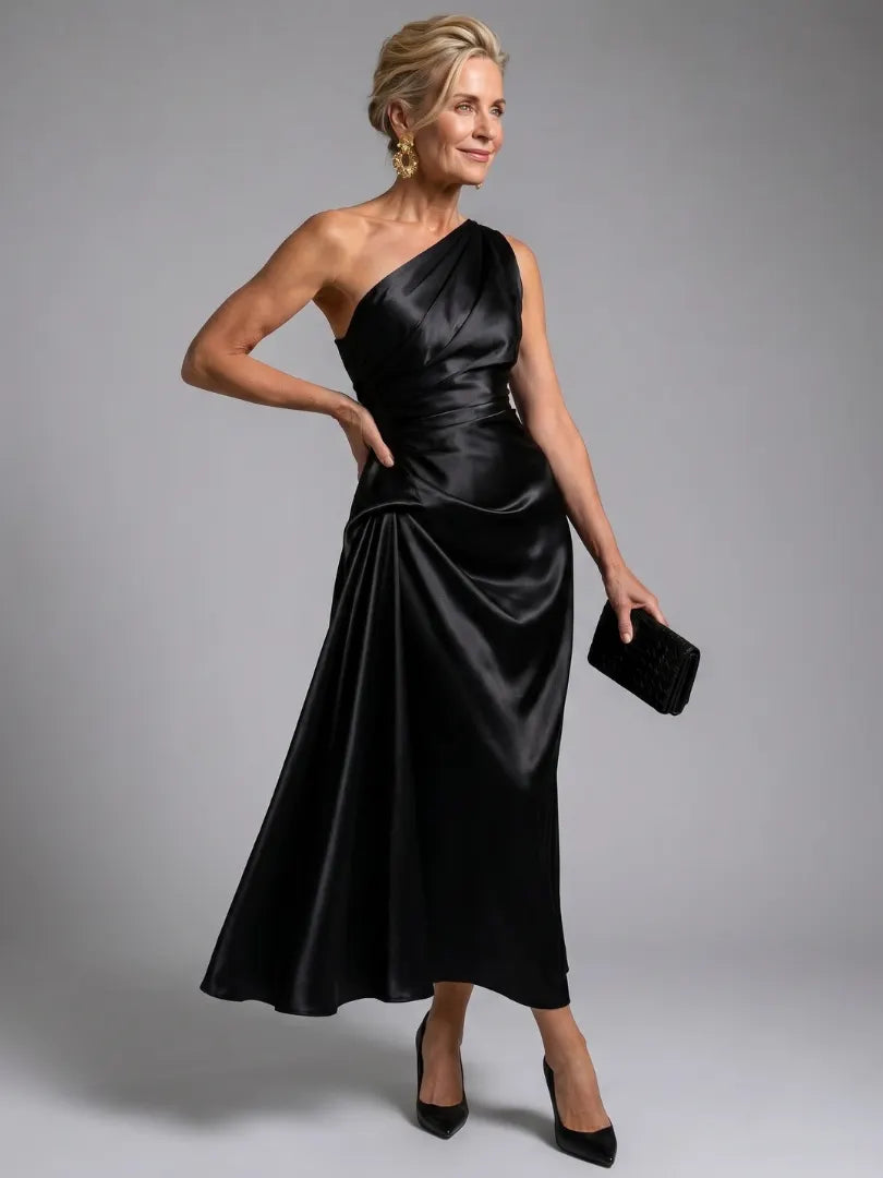 Zeima | One Shoulder Draped Satin Maxi Dress