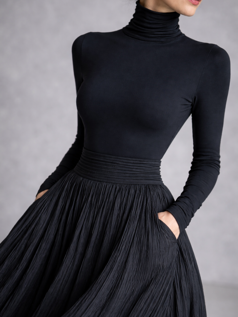 Isla | Pleated Full Skirt Turtleneck Maxi Dress