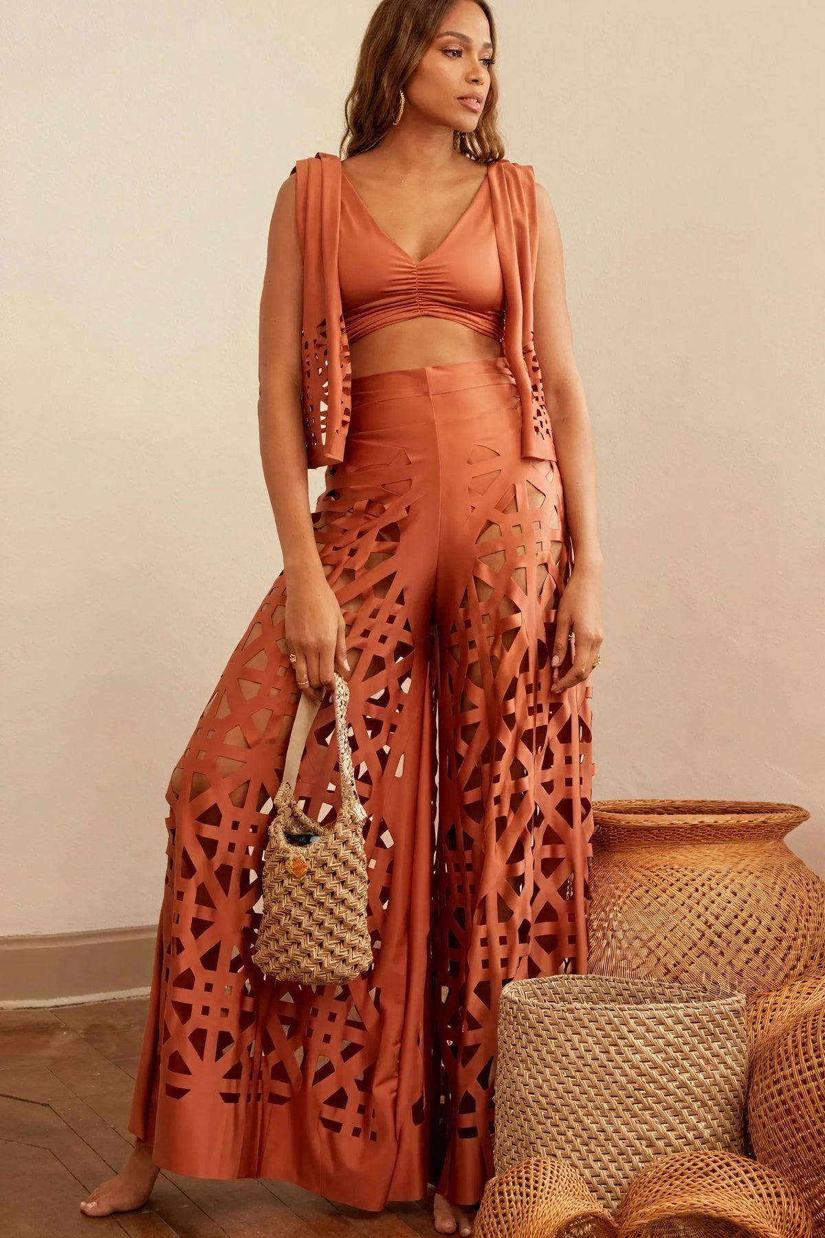 Laser-Cut Palazzo Hose mit Top & Weste