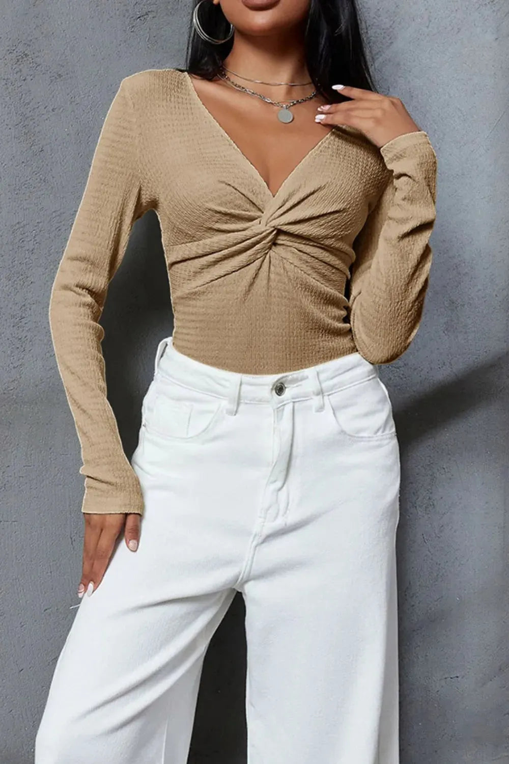 Twisted V-Neck Long Sleeve Blouse