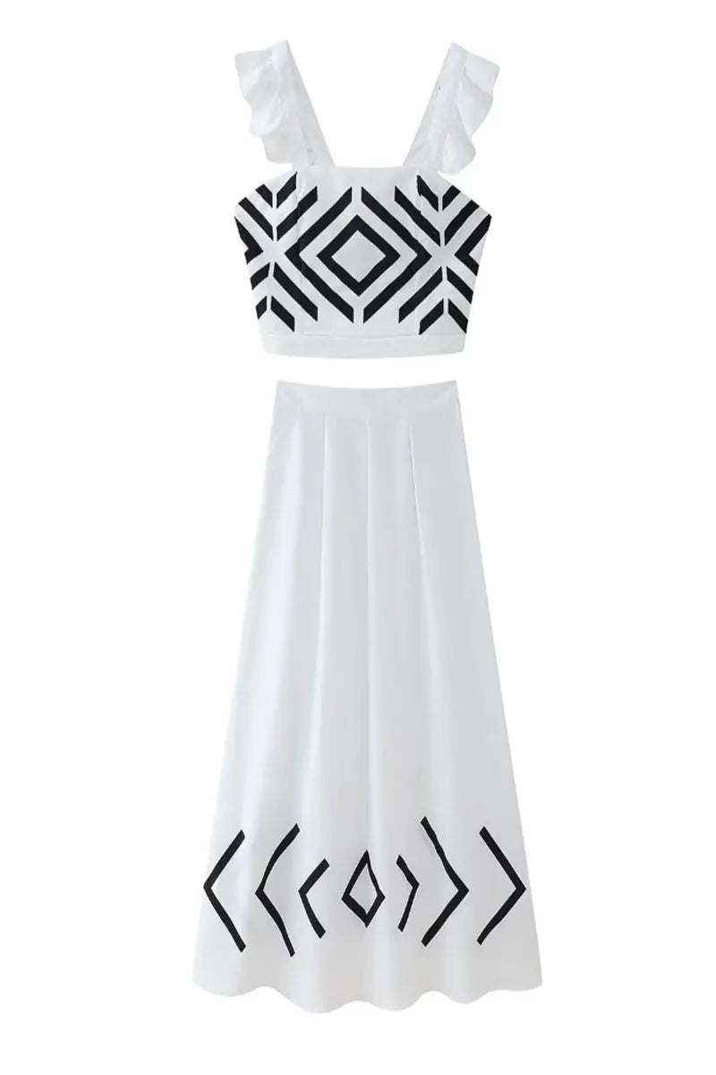 Casual Vacation Geometric Print Ruffle Square Neck Two Pieces