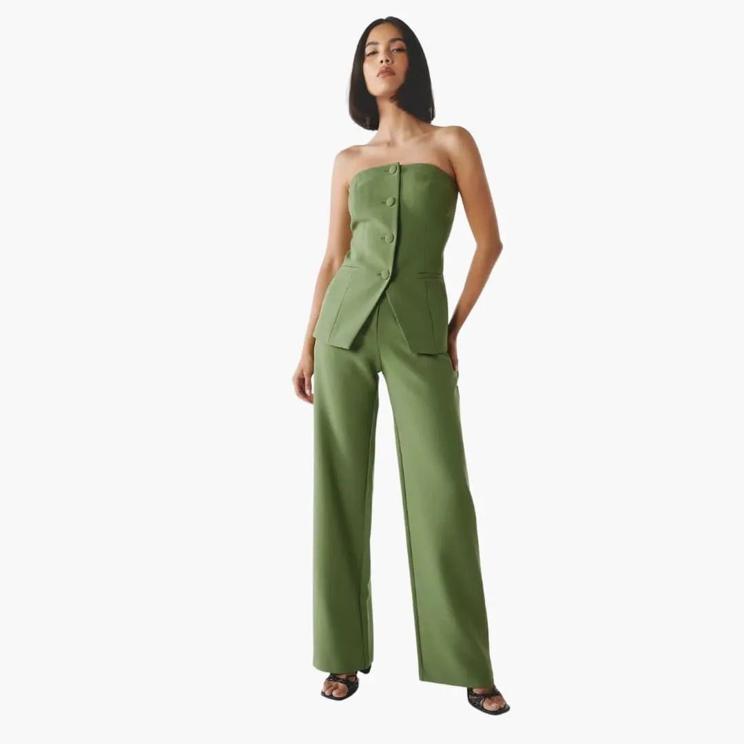 Women's Strapless Two-Piece Co-Ord Set with Strapless Top and Wide-Leg Trousers