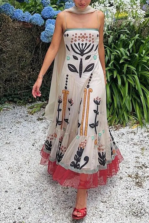 Spaghetti Strap Printed Chiffon Ruffle Maxi Dress