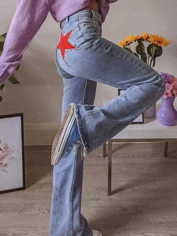 Dames Flare Jeans Met Rode Ster | Vintage Y2K Statement Jeans