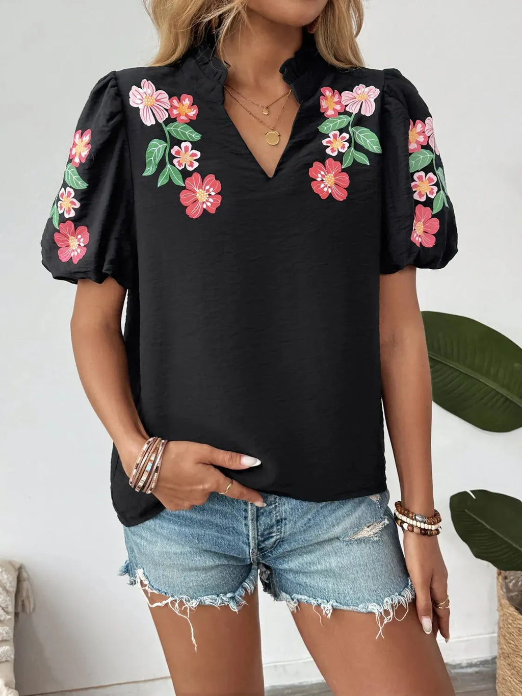Floral Puff Sleeve Notched Blouse