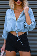 Long Sleeves Drawstring Hem Cropped Denim Shirt