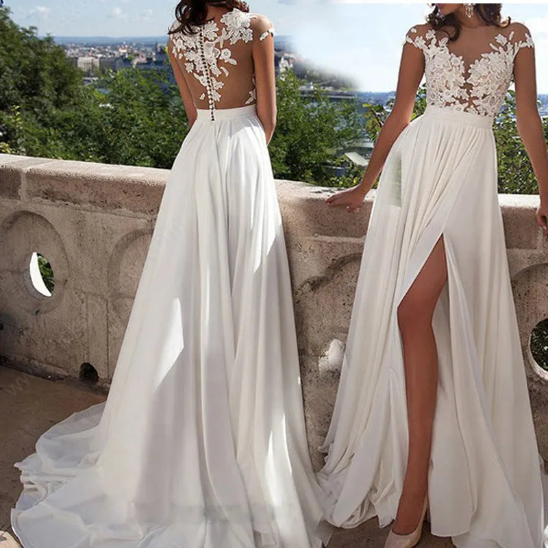 Damen Abendkleid aus Spitze mit floraler Verzierung, Beinschlitz und transparentem RÃ¼cken