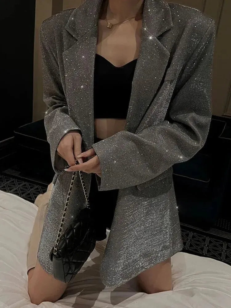 Chique Long Glittering Blazer for Women with Luxury Finish