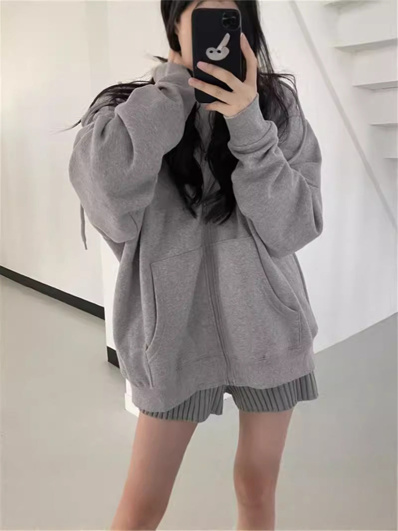 Zip-up Oversized Solid Pocket Hooded Langarm Lose Baseball Jacke