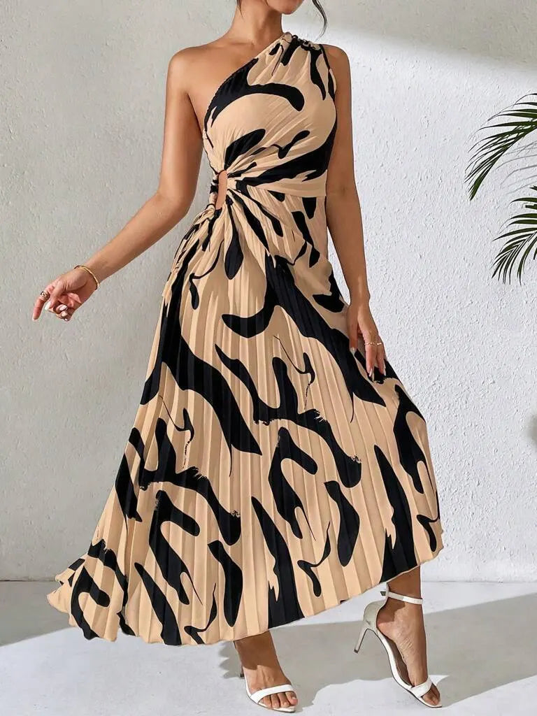 Vestido Midi Marrom com Preto Plissado Taise