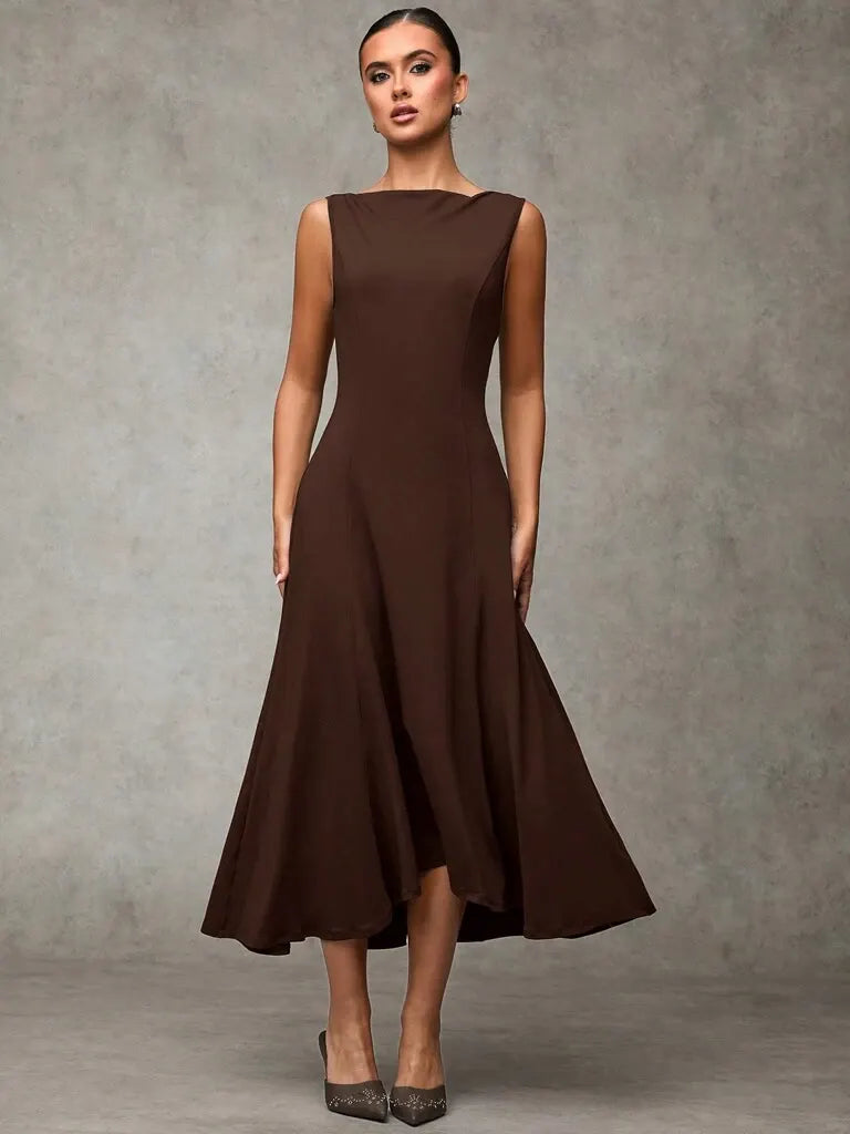 Vestido Midi Elegante sem Mangas Cor CafÃ© Tereza