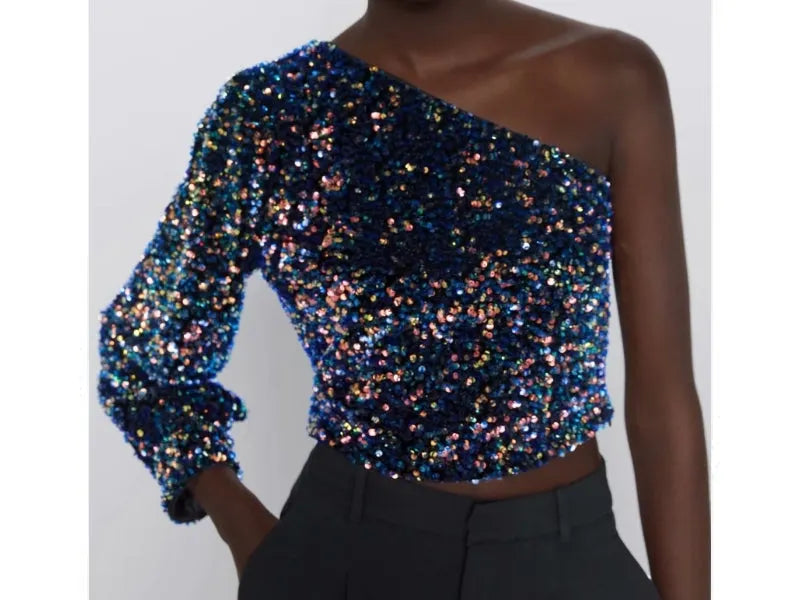 FLEUR | One Shoulder Glitter Top Voor Dames â€“ Elegant, Opvallend, Comfortabel