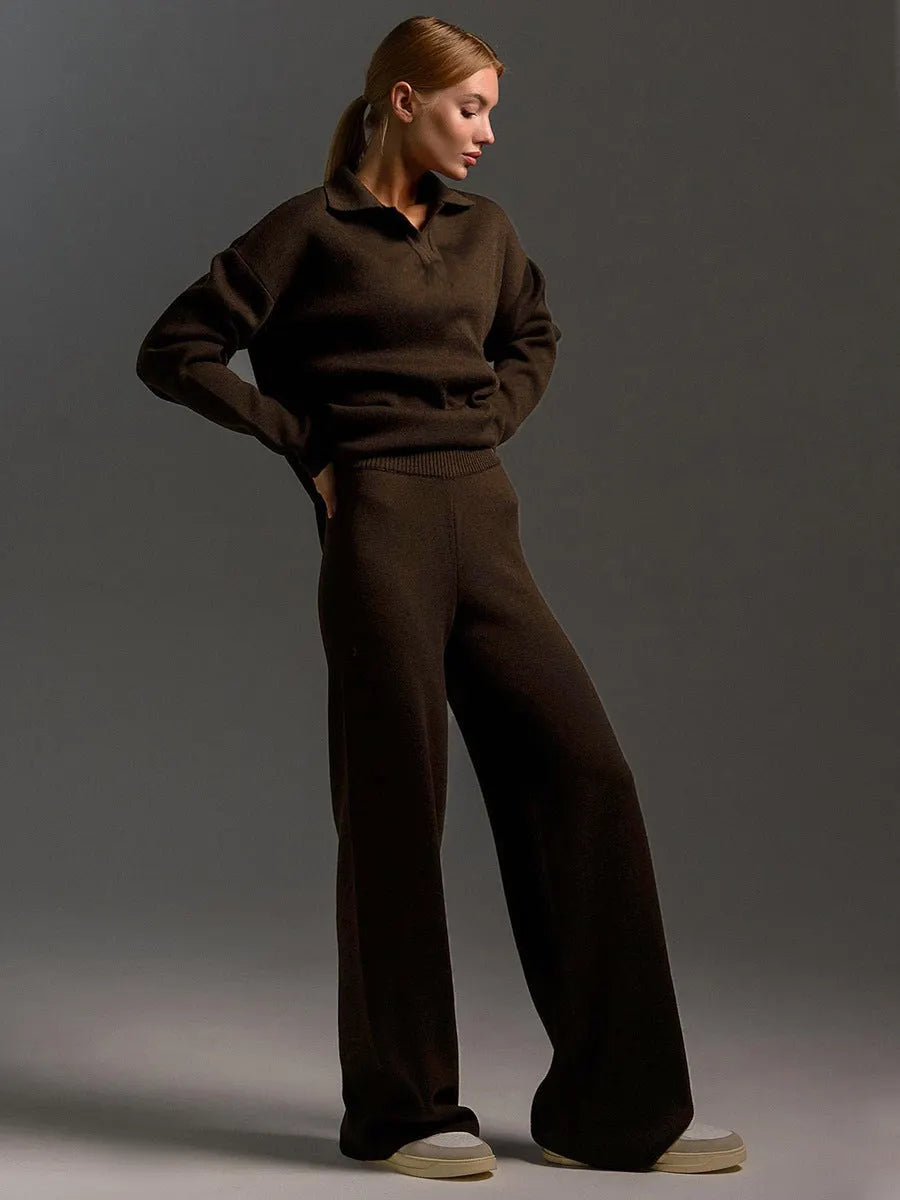 Sandy | Lounge Set with Wide Pants and Polo Sweater