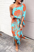 Casual One Shoulder Side Split Printed Dress