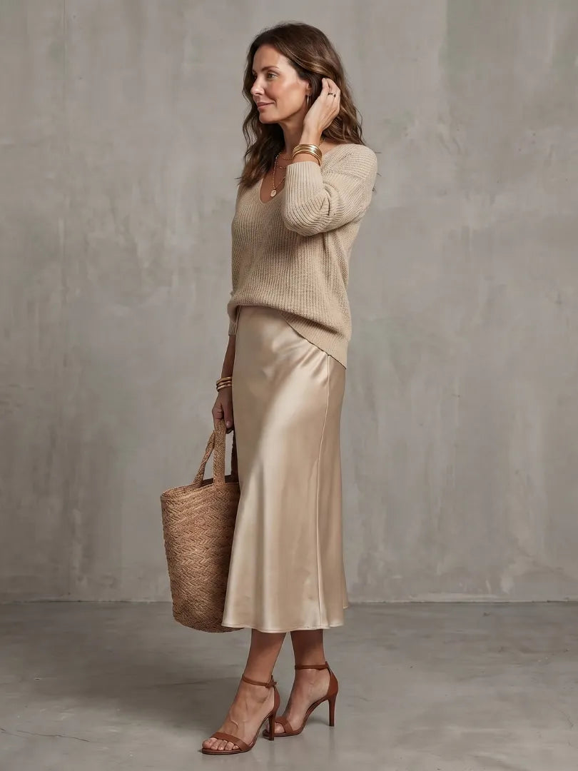 Luciana | Bias Fall Satin Skirt Knit Layer Set