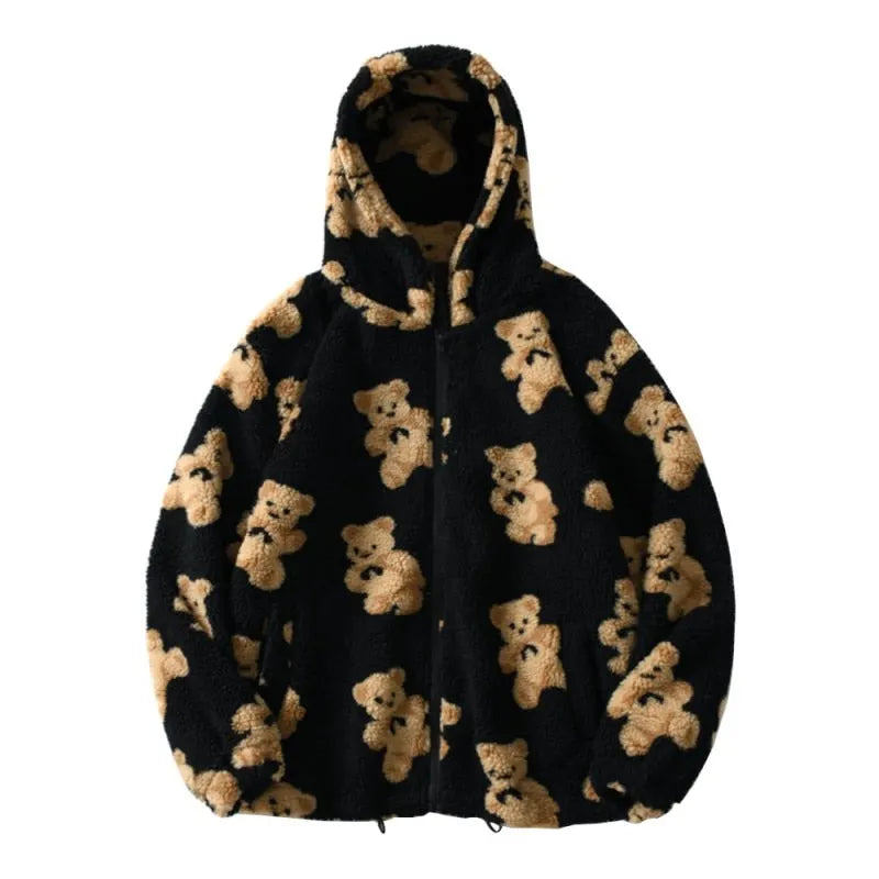 Harajuku Bär Teddy Druck Plüsch Jacke flauschige Kapuze Oberbekleidung