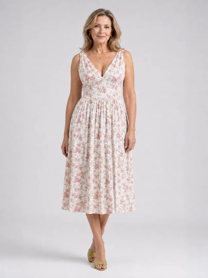 Elique | Sleeveless Floral V Neck Midi Dress