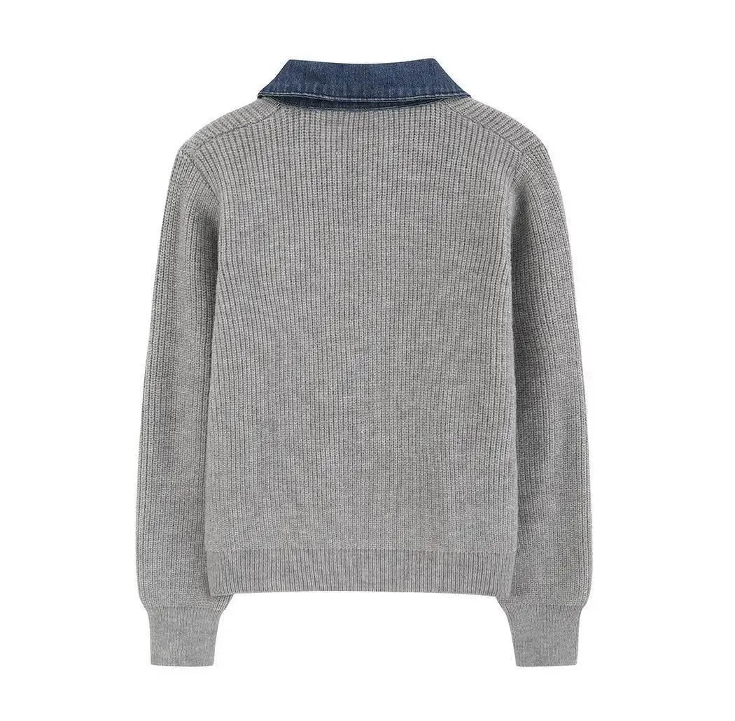 Gebreide Cardigan Voor Dames | Winter Cardigan Met Denim Kraag En Borstzak