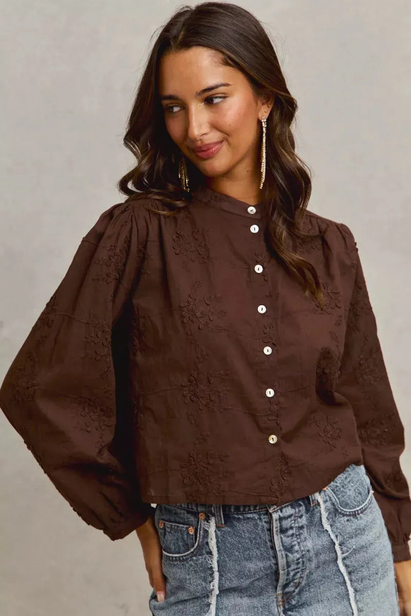 SO ME 3d Floral Woven Long Sleeve Front Button Shirt