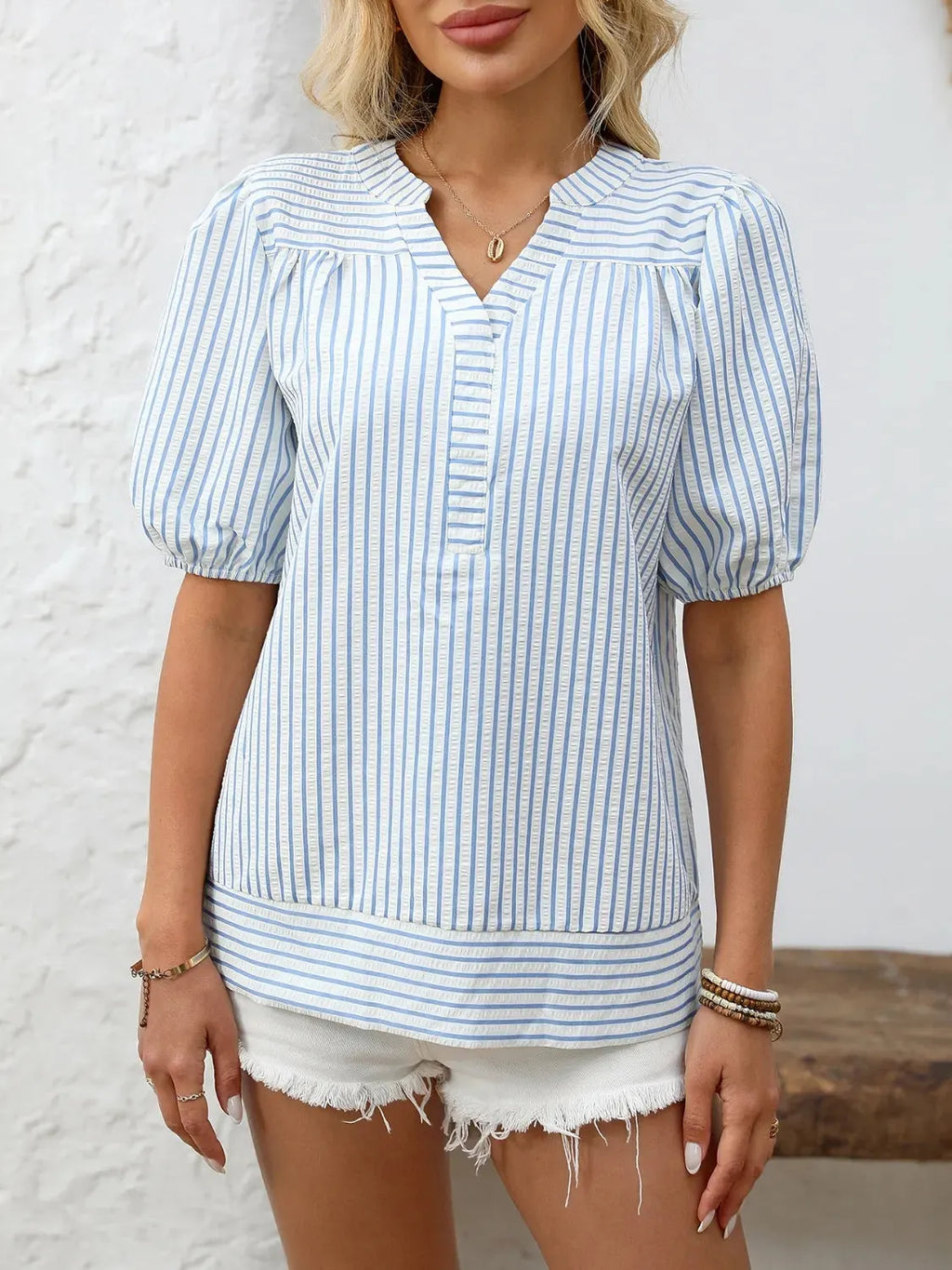 Striped Notched Puff Sleeve Blouse
