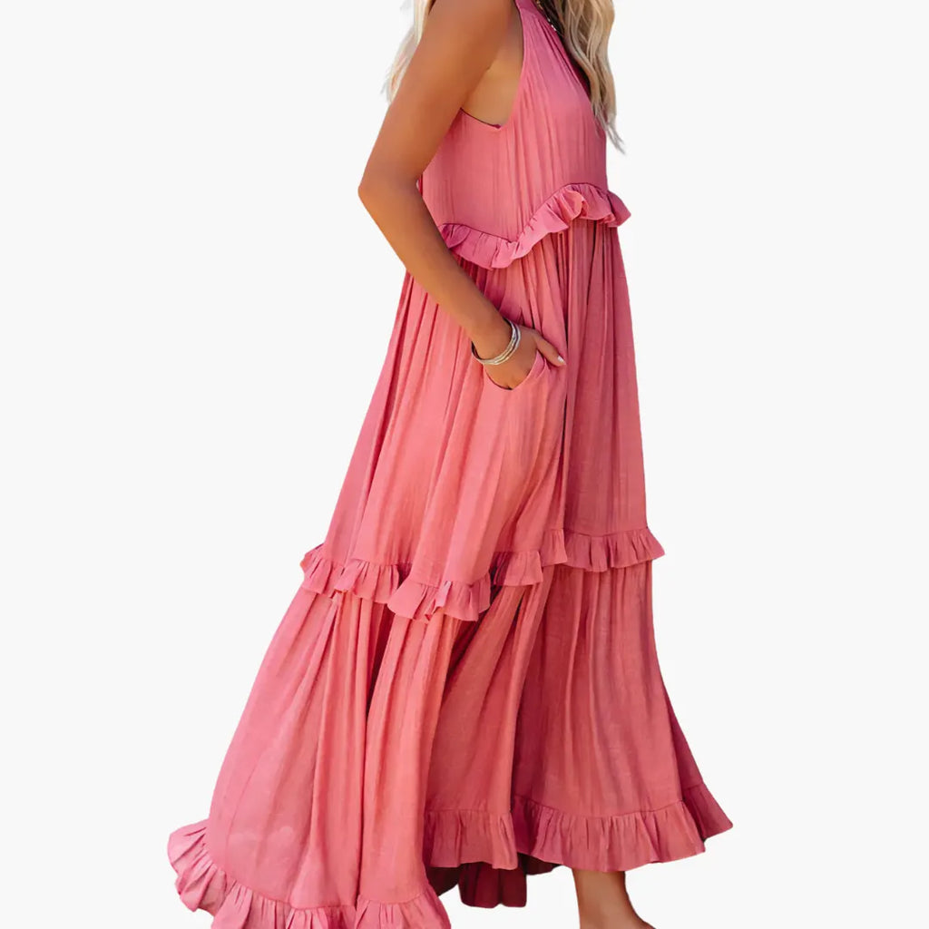 Womenâs Maxi Dress with Cascading Ruffle Tiers and Adjustable Straps