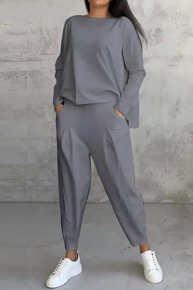 Casual Solid Color Pocket O Neck Long Sleeve Two Pieces(9 Colors)