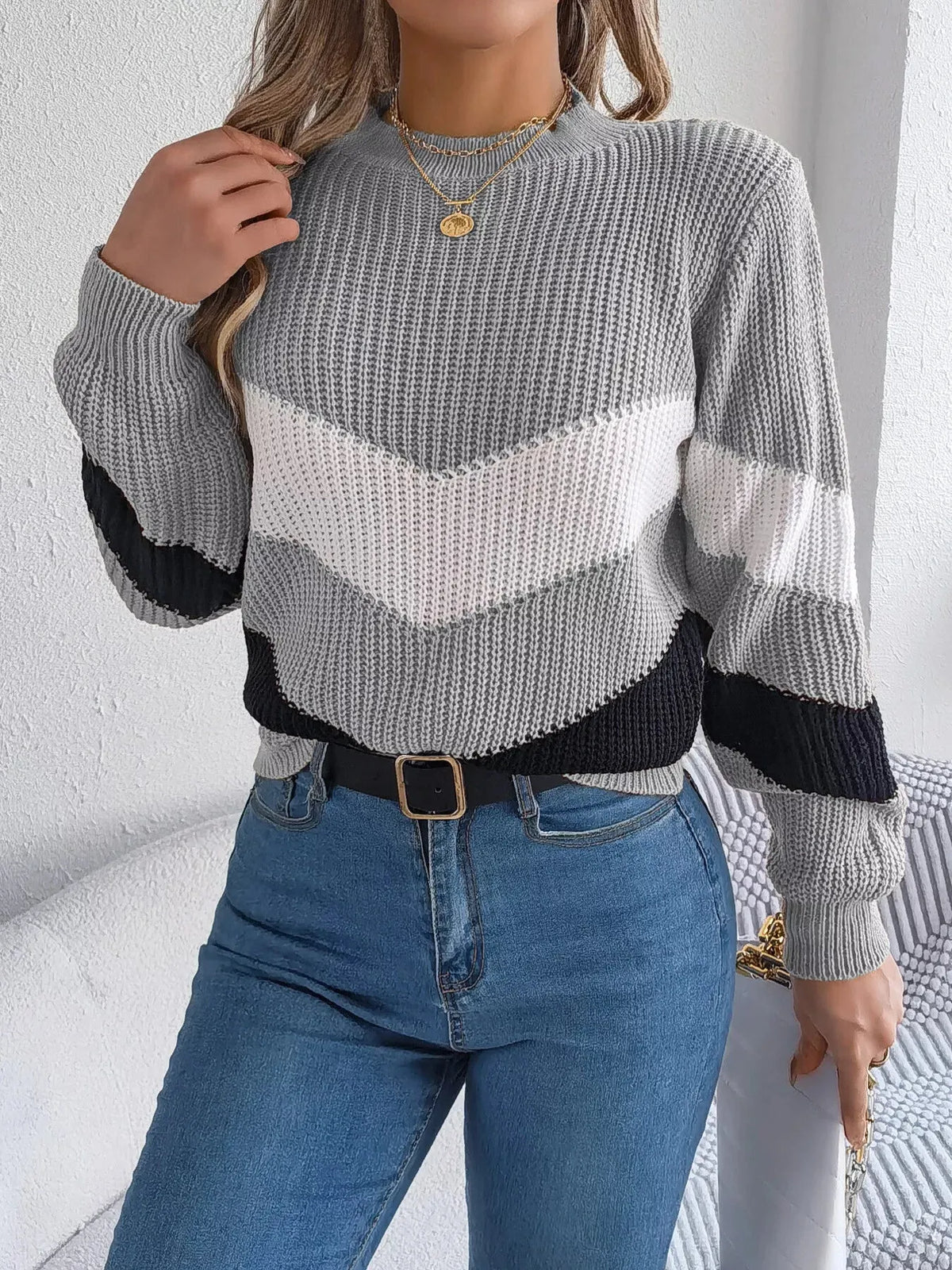 Chevron Stripe Color Block Round Neck Sweater