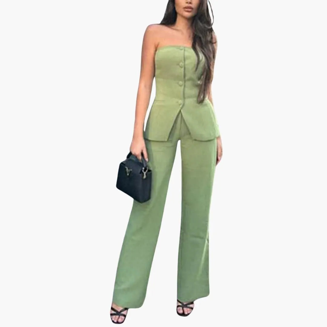 Women's Strapless Two-Piece Co-Ord Set with Strapless Top and Wide-Leg Trousers