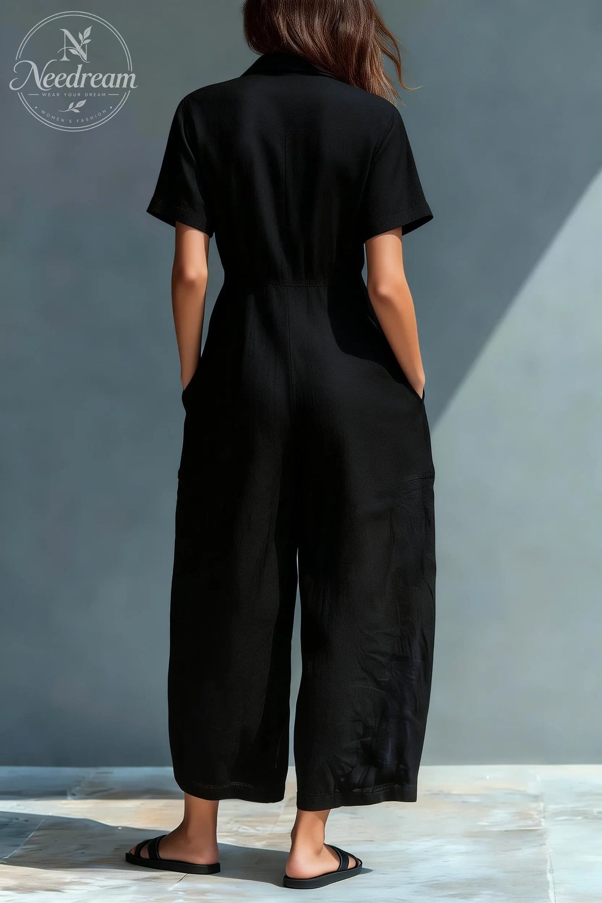 Women'S Minimalist Linen Blend Button-Down Collar Short-Sleeved Loose-Fitting Jumpsuit