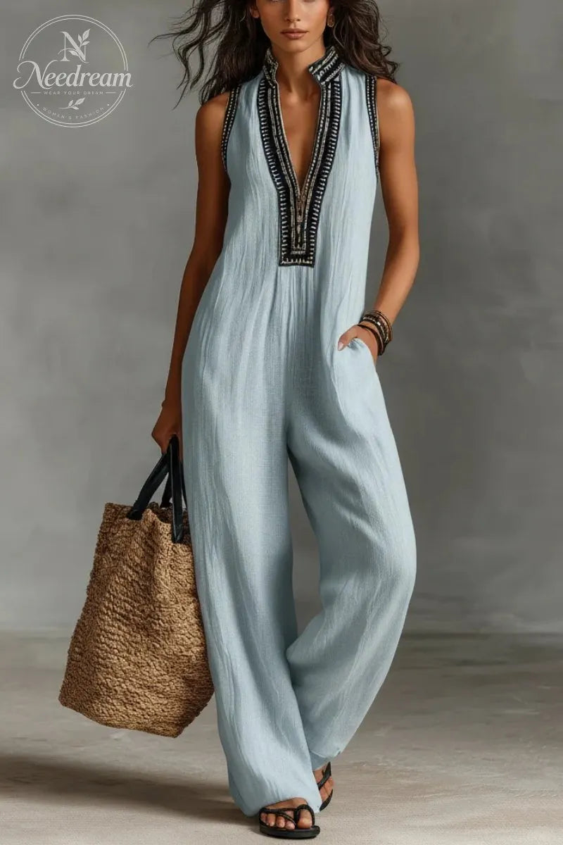 Women’s Linen Blend Sleeveless V-Neck Wide Leg Jumpsuit – Casual Summer Boho Romper with Pockets