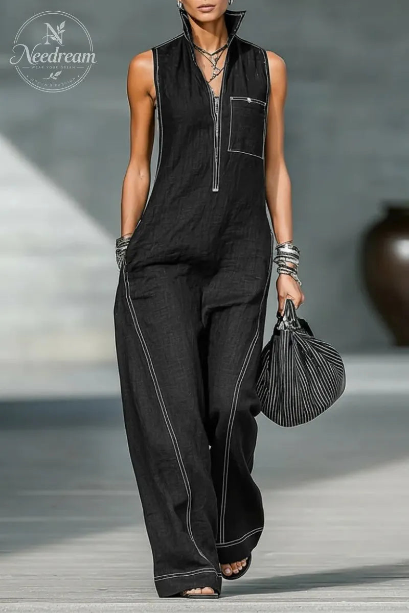 Women's Minimalist Loose-fitting White Trim Sleeveless Jumpsuit