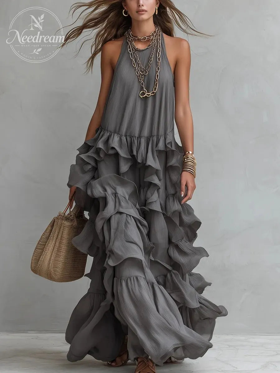 Elegant Grey Romantic Layered Ruffle Long Dress