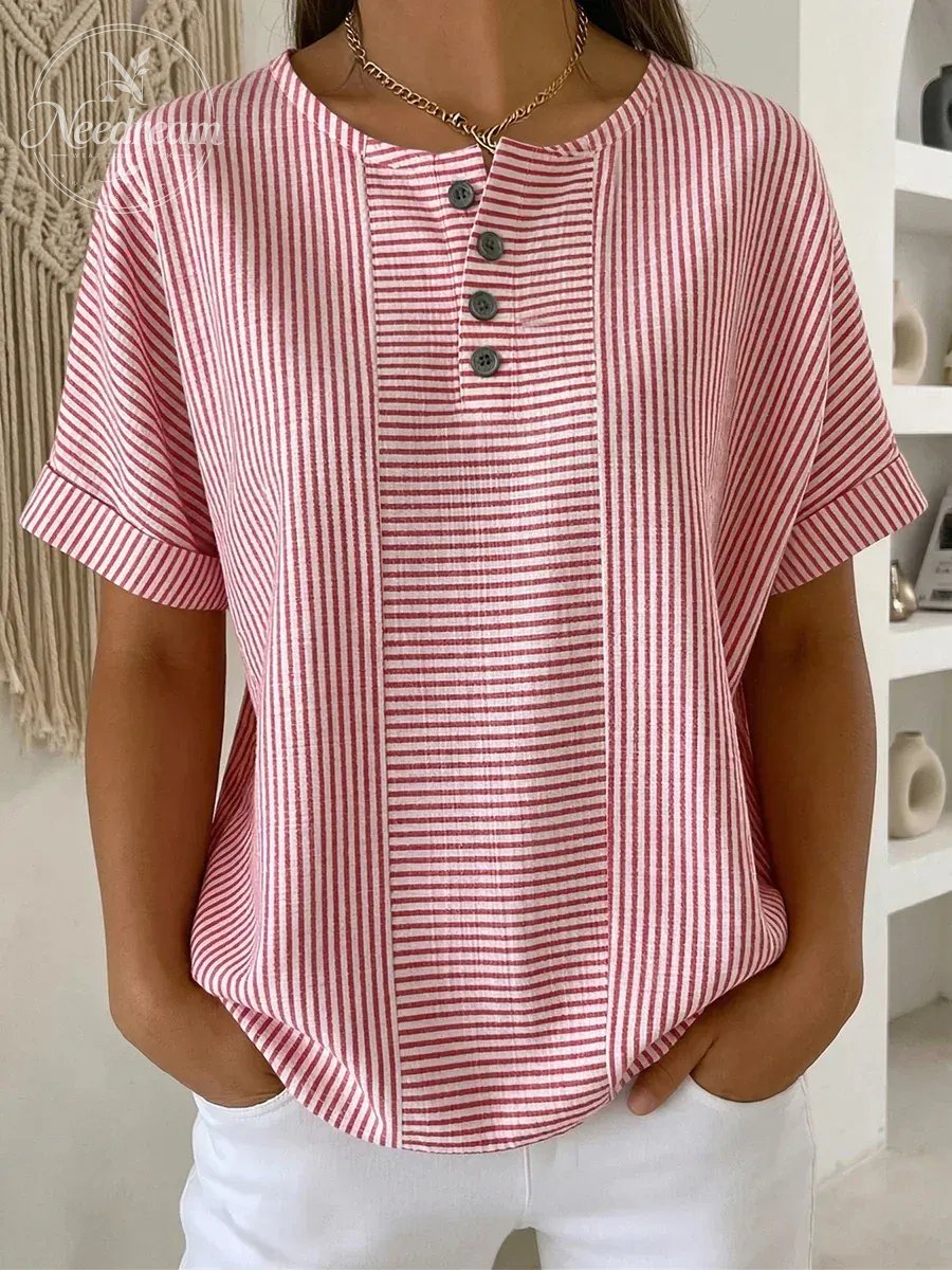 Artistic Cut Striped Cotton-linen Shirt Blouse