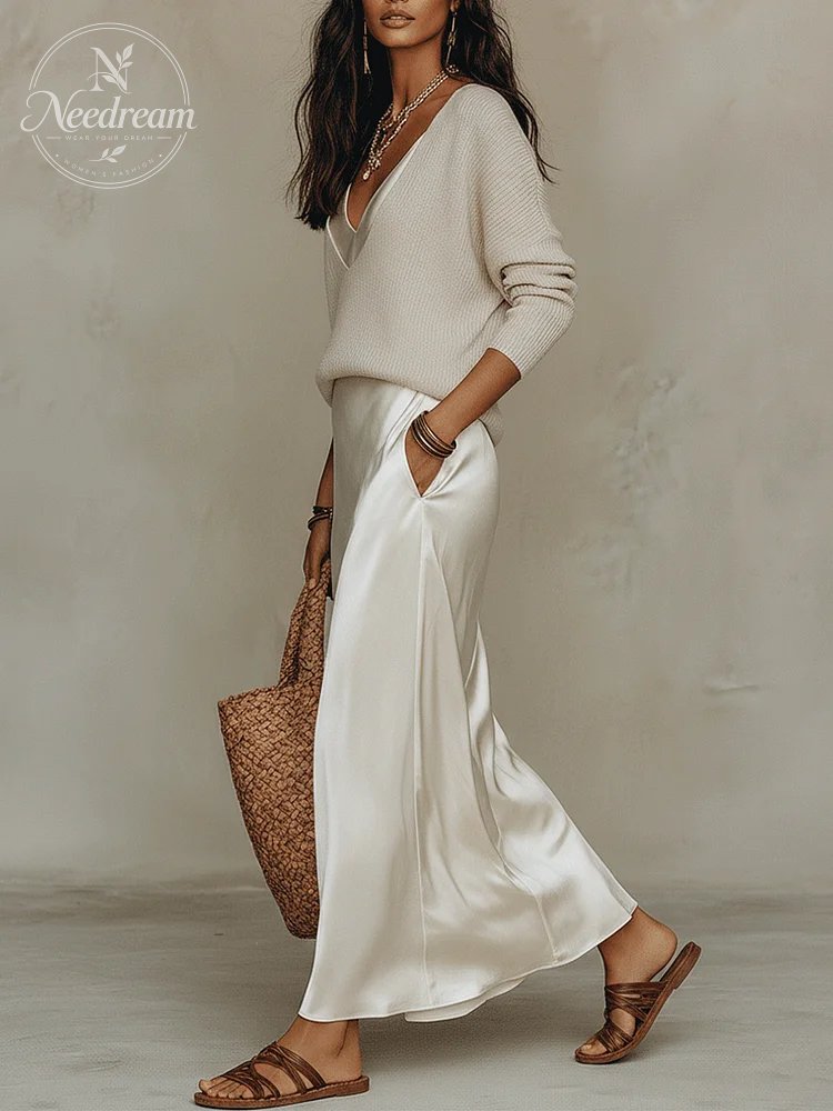 Effortless Ivory Knit & Satin Midi Ensemble