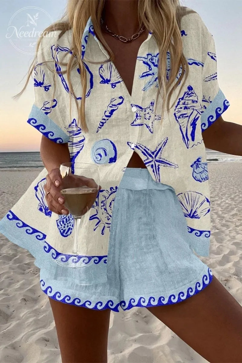 Seaside Shell Print Shirt & Shorts Two-Piece Set