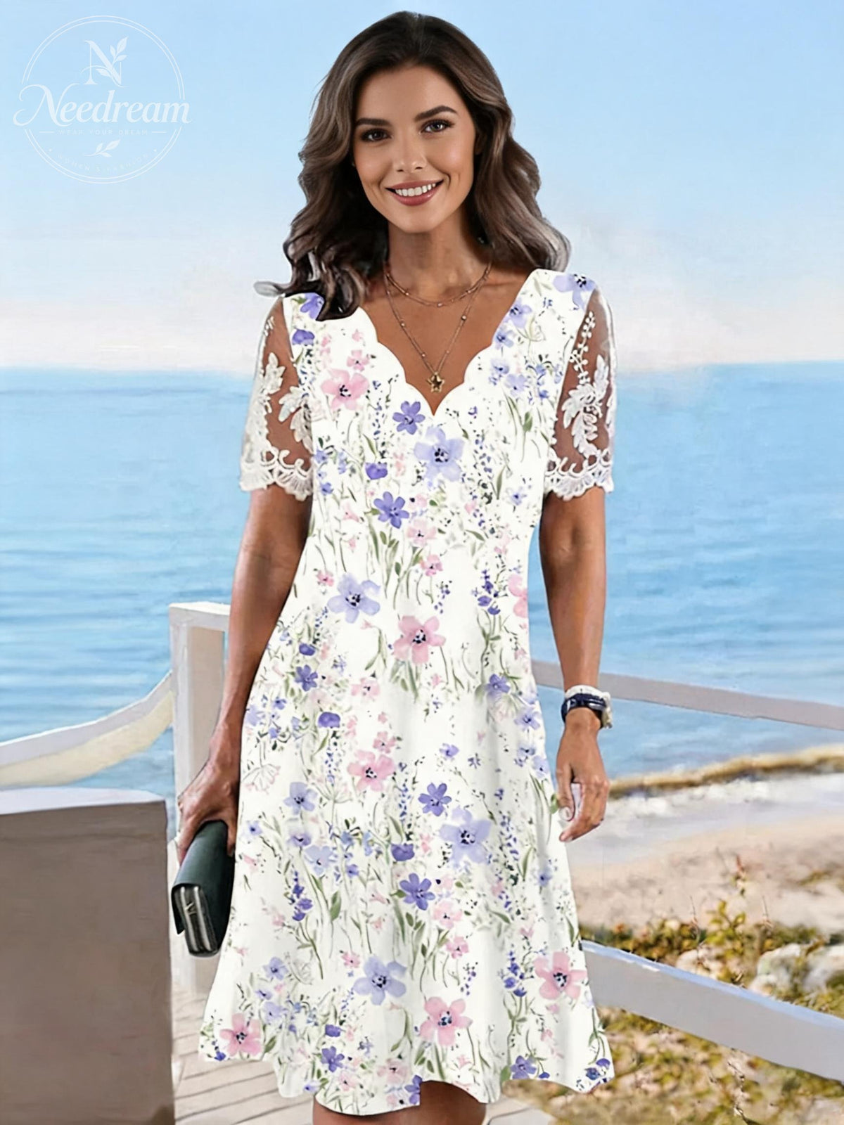 Wave-Neck Lace Short-Sleeved Floral Midi Dress