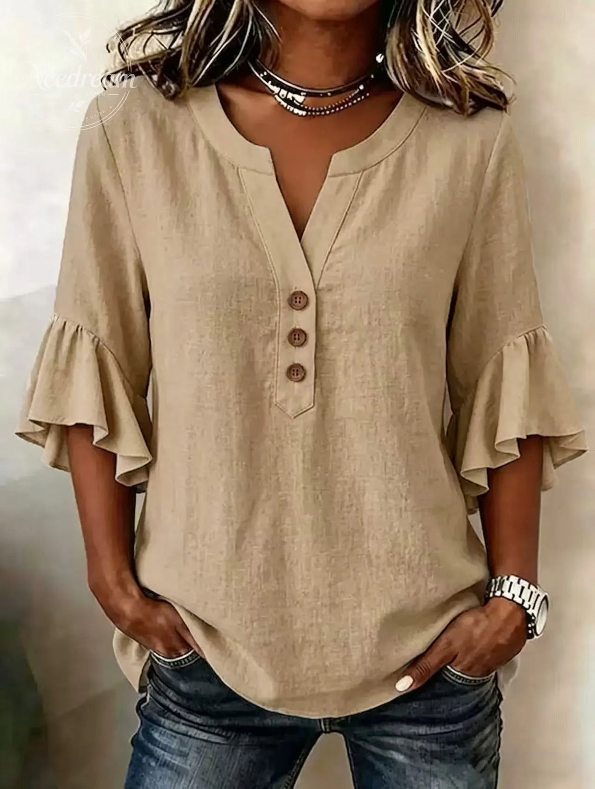 Women'S Solid-Color V-Neck 3/4-Sleeve Casual Loose Cotton-Linen Top