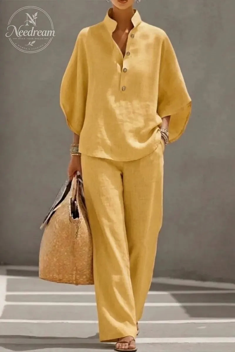 🔥 49% OFF🔥Women's Batwing Sleeve Linen Cotton Two-Piece Set – Casual Shirt & Wide Leg Pants Outfit
