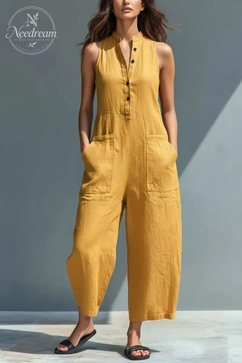 Women's Minimalist Linen Blend Button-up Stand-collar Sleeveless Loose Jumpsuit