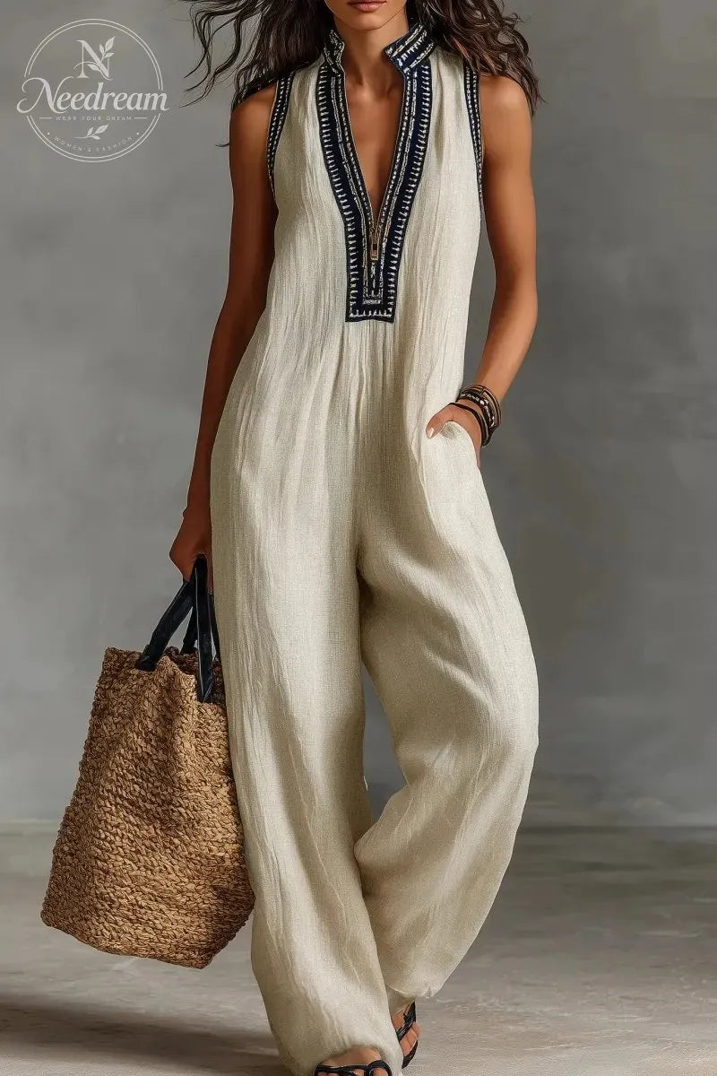 Women’s Linen Blend Sleeveless V-Neck Wide Leg Jumpsuit – Casual Summer Boho Romper with Pockets