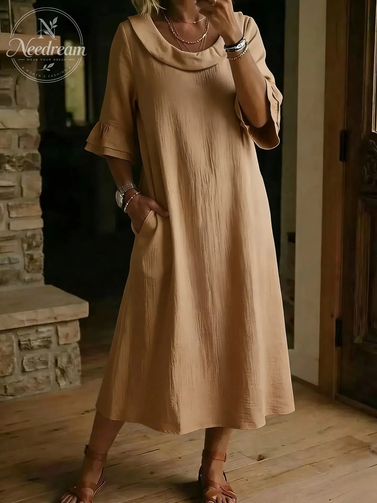 Cotton Linen Neck Ruffle Casual Dress