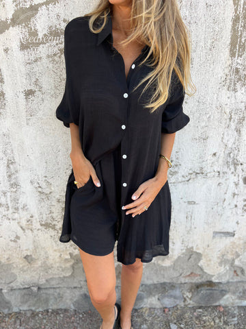 Women'S Casual Solid Color Cotton And Linen Shorts Long Sleeve Wrinkled Shirt Two Piece Set