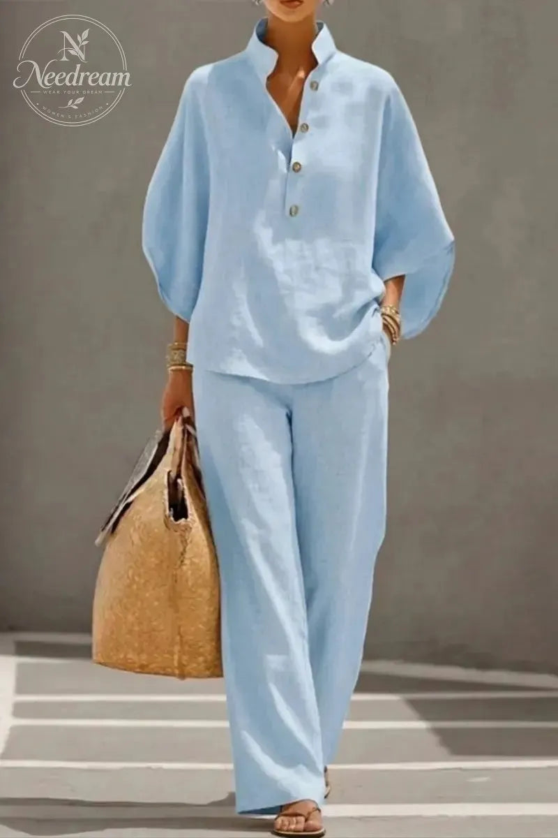 🔥 49% OFF🔥Women's Batwing Sleeve Linen Cotton Two-Piece Set – Casual Shirt & Wide Leg Pants Outfit