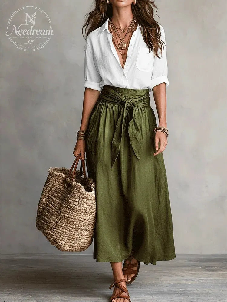 Effortless Boho Black Blouse & Olive Satin Midi Skirt Set