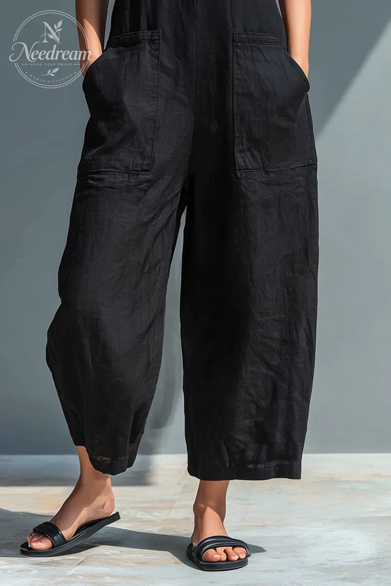 Women's Minimalist Linen Blend Button-up Stand-collar Sleeveless Loose Jumpsuit