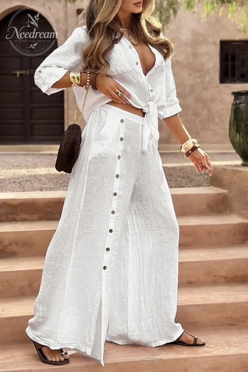 Tie-up Shirt Single-breasted Long Pants Set