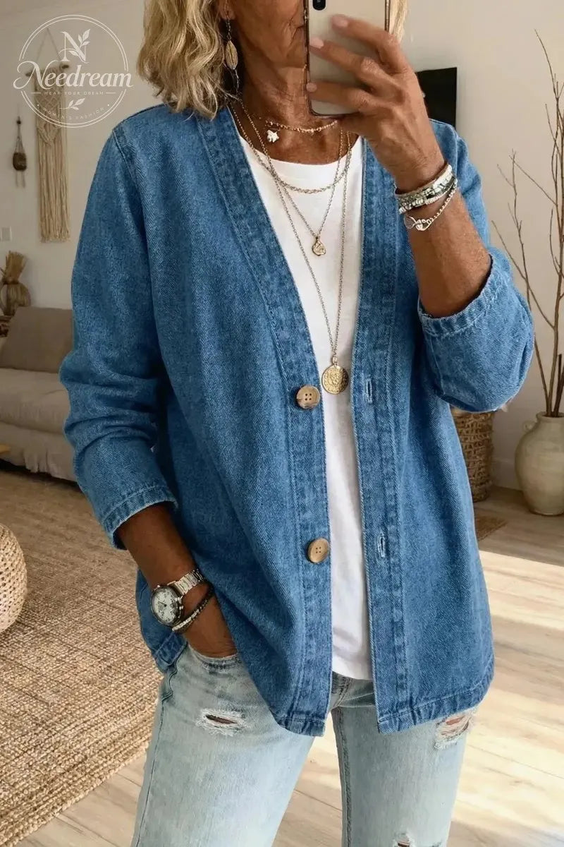 🧥 50% OFF NOW! ✨ Women's Classic Button Front Denim Jacket – V-Neck, Breathable Fabric & Relaxed Fit 💙